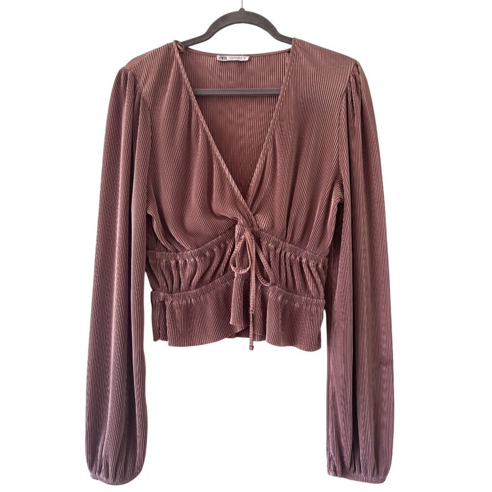 Zara Mauve Pleated Long Sleeve Wrap Top With Ruffle Hem & Drawstring Waist